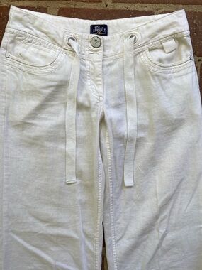 Blue Asphalt White Linen Pants w Drawstring and Pockets.